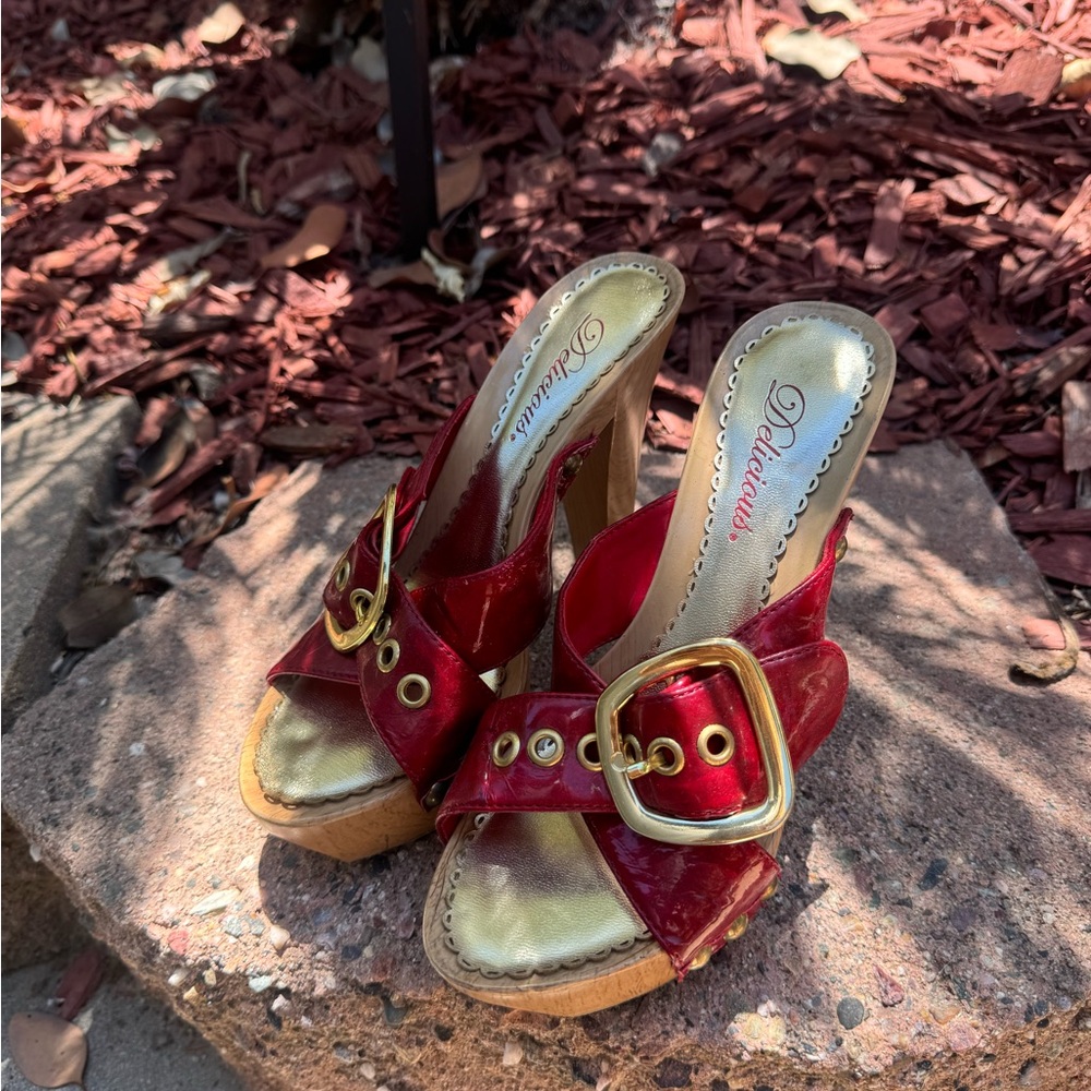 Red and Gold Buckle Peep Toe Heel